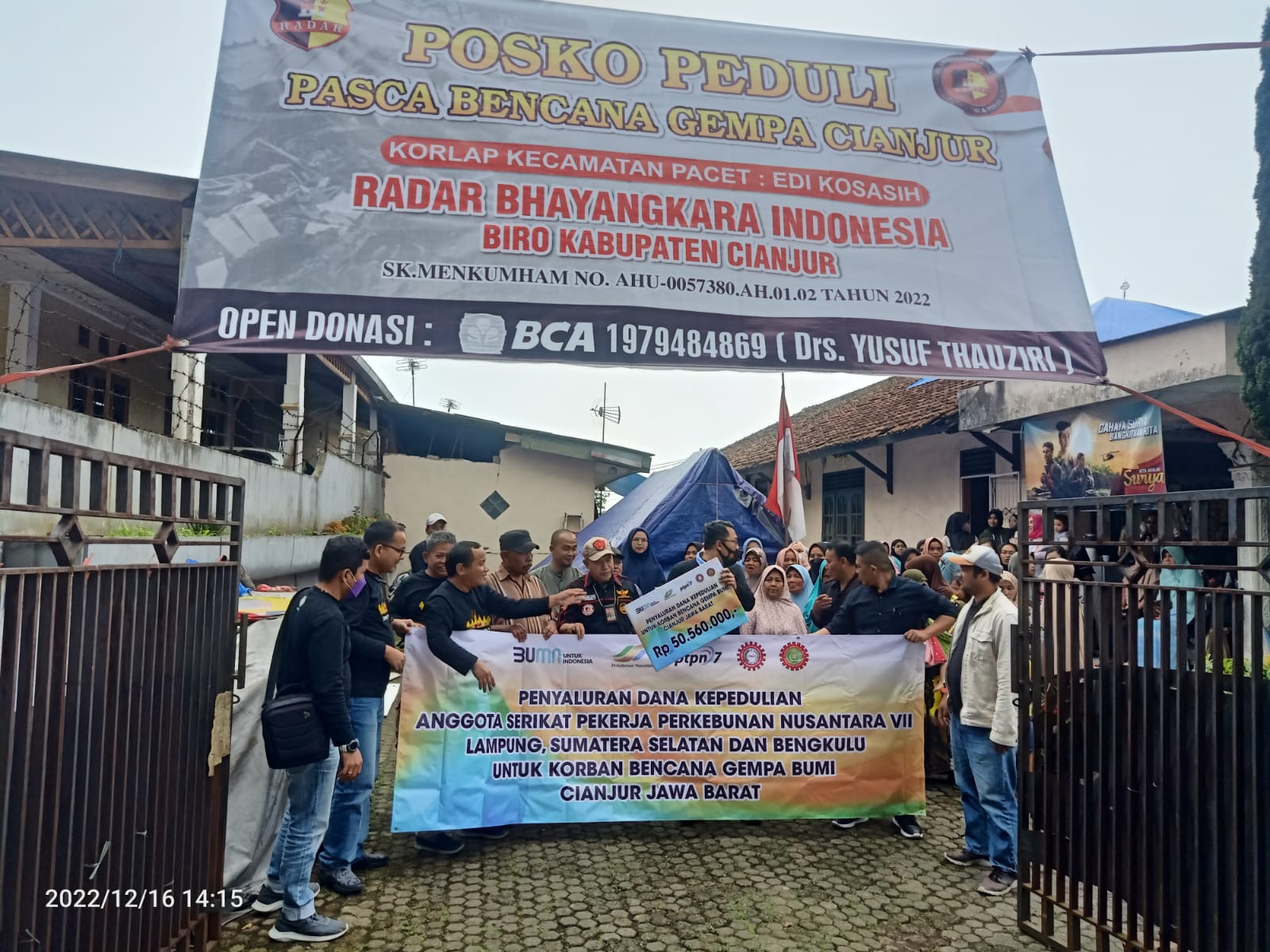 Serikat Pekerja Perkebunan Nusantara (SPPN) VII Lampung, Sumatera Selatan dan Bengkulu Berdonasi Untuk Korban Terdampak Gempa Cianjur Melalui Radar Bhayangkara Indonesia