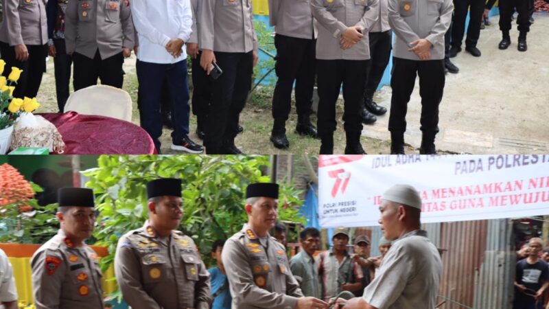 Iduladha dan HUT Bhayangkara ke 77, Kapolrestabes Medan Serahkan Hewan Kurban Presisi di Jalan Denai 