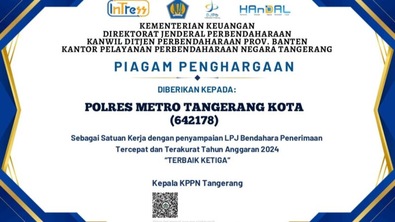 KPPN Tipe A1 Tangerang Beri Dua Penghargaan Kepada Polres Metro Tangerang Kota