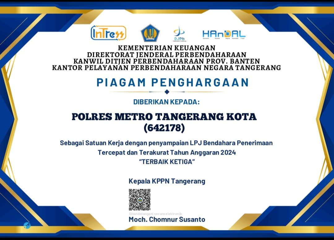 KPPN Tipe A1 Tangerang Beri Dua Penghargaan Kepada Polres Metro Tangerang Kota