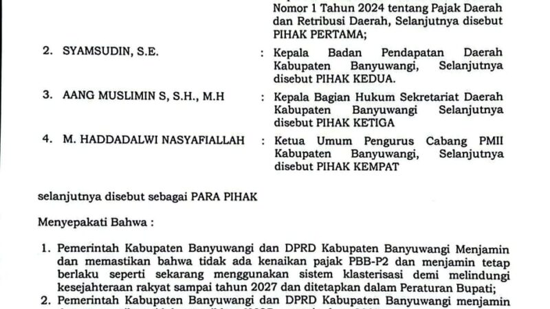 Tak Ada Kenaikan Pajak PBB-P2 dan NJOP Hingga 2027, Pemkab & DPRD Banyuwangi Teken Kesepakatan dengan PMII